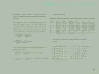 169
V acumulada = Fuerza Sísmica =
=206.72ton, que es el cortante horizontal que debe resistir la
estructura.
A continuación, se generará una tabla en al concentraremos
una serie de datos, tales como el nivel de que se trate, su peso
en toneladas, su altura hasta la base, el producto de peso del
nivel por su altura y, en las tres últimas columnas, se calcularán
el CSn, la fuerza cortante del nivel y el cortante acumulado por
nivel, estos valores se calculan con las siguientes expresiones:
=
Como ejemplo calcularemos los valores correspondientes y los
colocaremos en la tabla:
Construiremos la tabla:
Para ilustrar lo obtenido en la tabla, revisemos el siguiente
croquis:
Nivel Wn Hn WnHn C F V
5 170.6T 18.80 3,207.28 0.2989 50.9958 50.9958T
4 255.6T 15.10 3,859.56 0.2401 61.3670 112.3628T
3 255.6T 11.40 2,913.84 0.1813 46.3301 158.6929T
2 255.6T 7.70 1,968.12 0.1214 31.2931 189.9860T
1 255.6T 4.00 1,022.40 0.0636 16.2562 206.2422T
0 99.0T 0 0 0 0
∑ 1,292.0T -------- 12,971.20 -------- --------
N-5 w-170.6T
50.99T
112.36T
156.64T
189.98T
206.24T
400
770
1140
1510
1880
C sup
C4
C3
C2
C1
0.2989
0.2401
0.1813
0.1224
0.0636
w-255.6T
w-225.6T
w-225.6T
w-225.6T
w-99.0T
N-4
N-3
N-2
N-1
N-0
176
Capítulos | 1 | 2 | 3 | 4 | 5 | 6 | 7 | 8 | 9
 