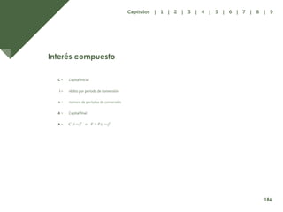 178
Interés compuesto
C =
i =
n =
A =
A =
Capital inicial
rédito por período de conversión
número de períodos de conversión
Capital final
186
Capítulos | 1 | 2 | 3 | 4 | 5 | 6 | 7 | 8 | 9
 