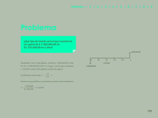 185
Problema
¿Qué tipo de interés será el que transforme
un capital de $ 2´000,000.00 en
$3´295,000.00 en 5 años?
Haciéndolo con la calculadora, tenemos: 2’000,000.00 enter
PV, 5n, 3´295,000.00 CHS FV y luego i, con lo que se obtiene:
i = 10.50%. (nota: CHS significa cambio de signo.)
Si utilizamos la fórmula,
Interés o tasa periódica y haciendo las sustituciones tendremos:
= 10.50%
3,295,000.00
2,000,000.00
0 1 2 3 4 5
i=10.50%
193
Capítulos | 1 | 2 | 3 | 4 | 5 | 6 | 7 | 8 | 9
 