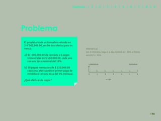 190
Problema
El propietario de un inmueble valuado en
$ 4´000,000.00, recibe dos ofertas para su
venta:
a) $1´000,000.00 de contado y 6 pagos
trimestrales de $ 550,000.00, cada uno
con una tasa nominal del 10%.
b) 20 pagos mensuales de $ 220,000.00
cada uno, efectuando el primer pago de
inmediato con una tasa del 1% mensual.
¿Qué oferta es la mejor?
Alternativa a)
son 6 trimestres, luego si la tasa nominal es = 10%, el interés
será 10/4 = 2.5%
1,000,000.00 550,000.00
i= 2.5%
0 1 2 3 4 5 6
198
Capítulos | 1 | 2 | 3 | 4 | 5 | 6 | 7 | 8 | 9
 