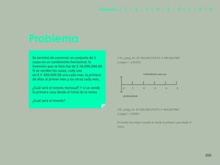 192
Problema
Se terminó de construir un conjunto de 5
casas en un condominio horizontal, la
inversión que se hizo fue de $ 20,000,000.00.
Si se venden las casas, cada una
en $ 4´400,000.00 una cada mes, la primera
de ellas al primer mes y las otras cada mes,
¿Cuál será el interés mensual? Y si se vende
la primera casa desde el inicio de la venta
¿Cuál será el interés?
F fin, g beg, 5n, 20´000,000 CHS PV, 4´400,000 PMT
y luego i = 3.2635%
20,000,000.00
4,400,000.00 cada una
0 1 2 3 4 5
f fin, g beg, 5n, 20´000,000 CHS PV, 4´400,000 PMT
y luego i = 5.006%
El interés fue mayor cuando se vende la primera casa desde el
inicio.
200
Capítulos | 1 | 2 | 3 | 4 | 5 | 6 | 7 | 8 | 9
 