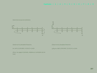 199
Determinar la tasa de rendimiento
Cálculo con la calculadora financiera
6n, 40 PV, 6 CHS PMT, 9 CHS VF, I=3.02%
Ahora, con pagos al principio, mediante el corrimiento de los
P.M.T.
0
40
1 2 3 4 5 6
6
9
15
6
0 1 2 3 4 5 6
15
6
40
-6
46
Cálculo con la calculadora financiera
g beg, 6n, 46PV, 6CHS PMT, 15 CHS VF, I=3.02%
207
Capítulos | 1 | 2 | 3 | 4 | 5 | 6 | 7 | 8 | 9
 