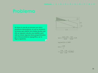 29
Se tiene el caso de un terreno con cierta
pendiente descendente, el cual es necesario
terracear para definir los niveles de piso, por
ello se requiere calcular una medida, pero
sólo se tienen algunos datos proporcionados
por el levantamiento topográfico, ver la
figura siguiente:
Problema
7.50
3.00
15.00
A
2.50
B
36
Capítulos | 1 | 2 | 3 | 4 | 5 | 6 | 7 | 8 | 9
 