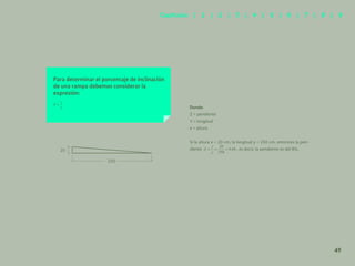 42
Para determinar el porcentaje de inclinación
de una rampa debemos considerar la
expresión:
Donde:
Z = pendiente
Y = longitud
x = altura
Si la altura x = 20 cm, la longitud y = 250 cm, entonces la pen-
diente , es decir, la pendiente es del 8%.
250
20
49
Capítulos | 1 | 2 | 3 | 4 | 5 | 6 | 7 | 8 | 9
 
