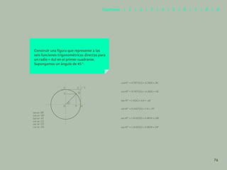 69
Construir una figura que represente a las
seis funciones trigonométricas directas para
un radio = 6ul en el primer cuadrante.
Supongamos un ángulo de 45°.
O
C S T
A
P
E B
sen
cos
tan
cot
sec
csc
76
Capítulos | 1 | 2 | 3 | 4 | 5 | 6 | 7 | 8 | 9
 