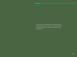 78
78
La utilización de matrices y determinantes ayuda a plantear y a
resolver problemas de diversa índole, a continuación resolvere-
mos algunos problemas que nos permiten identificar sus posi-
bles aplicaciones.
Capítulos | 1 | 2 | 3 | 4 | 5 | 6 | 7 | 8 | 9
85
 