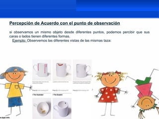 Percepción de Acuerdo con el punto de observación
si observamos un mismo objeto desde diferentes puntos, podemos percibir que sus
caras o lados tienen diferentes formas.
  Ejemplo: Observemos las diferentes vistas de las mismas taza:
 