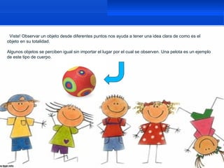 Viste! Observar un objeto desde diferentes puntos nos ayuda a tener una idea clara de como es el
objeto en su totalidad.

Algunos objetos se perciben igual sin importar el lugar por el cual se observen. Una pelota es un ejemplo
de este tipo de cuerpo.
 