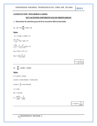 UNIVERSIDAD NACIONAL TECNOLOGICA D EL CONO SUR DE LIMA
                                                                     2011

EJERCICCIOS DESARROLLADOS:
                               ECUACIONES DIFERENCIALES ORDINARIAS
1. Determine la solución general de la ecuación diferencial dada.


        (

Rpta:

    (

(



∫           ∫
                    (

            (

                (          )



                                                                     (




Rpta:



                (

                ∫




            1           MATEMÁTICA APLICADA 1
 