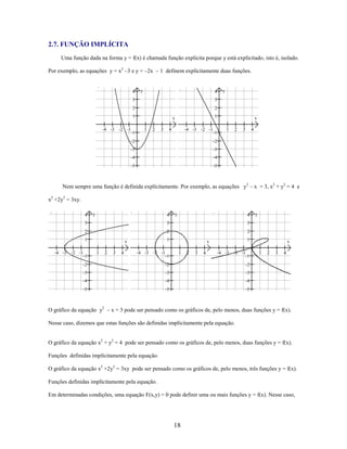 2.7. FUNÇÃO IMPLÍCITA
Uma função dada na forma y = f(x) é chamada função explícita porque y está explicitado, isto é, isolado.
Por exemplo, as equações y = x2 –3 e y = –2x – 1 definem explícitamente duas funções.

y

y

x

x

Nem sempre uma função é definida explícitamente. Por exemplo, as equações y2 – x = 3, x2 + y2 = 4 e
x2 +2y3 = 3xy.
y

y

x

y

x

x

O gráfico da equação y2 – x = 3 pode ser pensado como os gráficos de, pelo menos, duas funções y = f(x).
Nesse caso, dizemos que estas funções são definidas implícitamente pela equação.
O gráfico da equação x2 + y2 = 4 pode ser pensado como os gráficos de, pelo menos, duas funções y = f(x).
Funções definidas implícitamente pela equação.
O gráfico da equação x2 +2y3 = 3xy pode ser pensado como os gráficos de, pelo menos, três funções y = f(x).
Funções definidas implícitamente pela equação.
Em determinadas condições, uma equação F(x,y) = 0 pode definir uma ou mais funções y = f(x). Nesse caso,

18

 