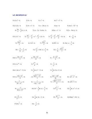 6.5. RESPOSTAS
E1)1) x2 + k

2) 5x + k

3) x 3 + k

4) x5 + x4 + k

E2) 1) 2x + k

2) 3x + e x + k

3) x – 2ln |x| + k

4) ex + k

4x
5

6)

2
ln | x | k
3

E3) 1) x3 + k

2 x3
3

5)

k

5
2x

10)

E4) 1)

2)

E5) 1) e 4x

5)

3| k

1

ex

1

4

2)

1
ln | x 2
2

2)

k

2 x5
5

k

12)

3)

k

3)

3
1

10) 3e x

2) 2

3
x

k

k

k

k

k

k

3)

(3x 2 4) 6
36

k

7)

5
ln | x |
2

k

k

18)

ex

ex

2 x3
3

1
3x

(1 x ) 6
6

1

9) 2 ln | x |

k

1
3x

4)

3x k

1
ln | 5x 2 | k
5

3
x

k

56

k

4

11)

e 3x
3

8)

1

12)

k

2

k

4) – 5 x 2

k

33 (3 x 2 ) 2

3e x
15)
2

1
14) ln | 4x 2 | k
4

1

5x 2
2

9) 2x – 3ln |x| + k

3)

3| k

2 ( x 2 1) 3

x4
2
8) 33 x

k

4( x 2

x6
6

k

1
x

2 ln | x |

e 4x
4

x

17)10 e 2

x2
2

(3x 1) 5
15

6)

k

3(1 x ) 3

8(2x 3)

13)

k

1

2

7)

11)

3)

2x k

k

2)

(2x 1) 4
4

9)

x2
2

x3

2)

k

k

E6) 1) ln | x 2

E7) 1)

k

x3

(3x 1) 5
5

x4
4

6) 2 x

1

8)3ex + e x + k

7) ( – 2e + ln 6)x + k

2x 5
5

5) xln 2 – 5ex + k

k

2x 1 k

1
ln | x 3 1 | k
3

3

k

16)10ln(x2 +10) + k

 