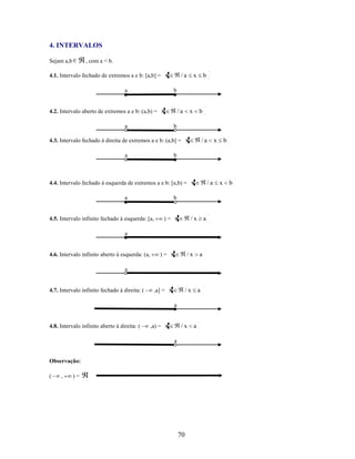 4. INTERVALOS
Sejam a,b

, com a < b.

4.1. Intervalo fechado de extremos a e b: [a,b] = x
a

/a

x

b

b

4.2. Intervalo aberto de extremos a e b: (a,b) = x
a

/a

x

b

b

4.3. Intervalo fechado à direita de extremos a e b: (a,b] = x
a

/a

a

/a

b

4.5. Intervalo infinito fechado à esquerda: [a,

)= x

/x

a

a

)= x

/x

a

a

4.7. Intervalo infinito fechado à direita: (

,a] = x

/x

a

a

4.8. Intervalo infinito aberto à direita: (

,a) = x

/x
a

Observação:
(

,

b

b

4.4. Intervalo fechado à esquerda de extremos a e b: [a,b) = x

4.6. Intervalo infinito aberto à esquerda: (a,

x

)=

70

a

x

b

 