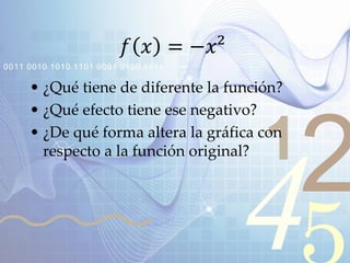 421
0011 0010 1010 1101 0001 0100 1011
𝑓 𝑥 = −𝑥²
• ¿Qué tiene de diferente la función?
• ¿Qué efecto tiene ese negativo?
• ¿De qué forma altera la gráfica con
respecto a la función original?
 