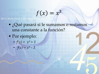 421
0011 0010 1010 1101 0001 0100 1011
𝑓 𝑥 = 𝑥³
• ¿Qué pasará si le sumamos o restamos
una constante a la función?
• Por ejemplo:
• f(x) = x³ + 1
• f(x) = x³ - 3
 