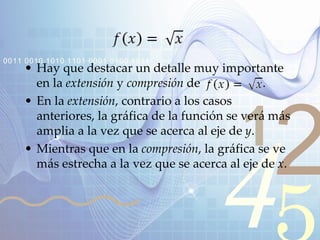 421
0011 0010 1010 1101 0001 0100 1011
• Hay que destacar un detalle muy importante
en la extensión y compresión de .
• En la extensión, contrario a los casos
anteriores, la gráfica de la función se verá más
amplia a la vez que se acerca al eje de y.
• Mientras que en la compresión, la gráfica se ve
más estrecha a la vez que se acerca al eje de x.
 