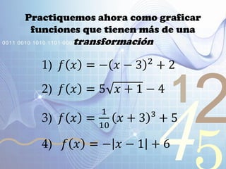 421
0011 0010 1010 1101 0001 0100 1011
Practiquemos ahora como graficar
funciones que tienen más de una
transformación
1) 𝑓 𝑥 = − 𝑥 − 3 2
+ 2
2) 𝑓 𝑥 = 5 𝑥 + 1 − 4
3) 𝑓 𝑥 =
1
10
𝑥 + 3 ³ + 5
4) 𝑓 𝑥 = − 𝑥 − 1 + 6
 