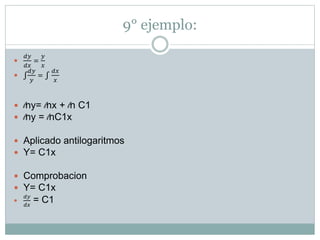 9° ejemplo: 
 
푑푦 
푑푥 
= 
푦 
푥 
푑푦 
푦 
 ∫ 
= ∫ 
푑푥 
푥 
 lny= lnx + ln C1 
 lny = lnC1x 
 Aplicado antilogaritmos 
 Y= C1x 
 Comprobacion 
 Y= C1x 
 
푑푦 
푑푥 
= C1 
 