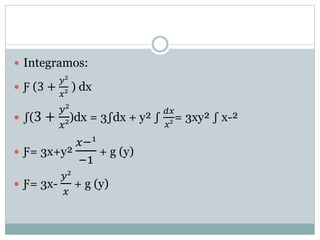  Integramos: 
 Ƒ (3 + 
푦² 
푥² 
) dx 
 ∫(3 + 
푦² 
푥² 
)dx = 3∫dx + y² ∫ 
푑푥 
푥² 
= 3xy² ∫ x-² 
 Ƒ= 3x+y² 
푥−¹ 
−1 
+ g (y) 
 Ƒ= 3x- 
푦² 
푥 
+ g (y) 
 