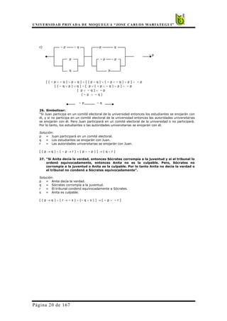 UNIVERSIDAD PRIVADA DE MOQUEGUA “JOSE CARLOS MARIATEGUI”
Página 20 de 167
c) ∼ p ∼ q p q
∼ p
p ∼ p ∼ p
q p
[ ( ∼ p ∧ ∼ q ) ∨ p ∨ q ] ∧ [ ( p ∧ q ) ∨ ( ∼ p ∧ ∼ q ) ∨ p ] ∧ ∼ p
[ ( ∼ q ∨ p ) ∨ q ] ∧ [ p ∨ ( ∼ p ∧ ∼ q ) ∨ p ] ∧ ∼ p
[ p ∨ ∼ q ] ∧ ∼ p
( ∼ p ∧ ∼ q )
∼ p ∼ q
26. Simbolizar:
“Si Juan participa en un comité electoral de la universidad entonces los estudiantes se enojarán con
él, y si no participa en un comité electoral de la universidad entonces las autoridades universitarias
se enojarán con él. Pero Juan participará en un comité electoral de la universidad o no participará.
Por lo tanto, los estudiantes o las autoridades universitarias se enojarán con él.
Solución:
p = Juan participará en un comité electoral.
q = Los estudiantes se enojarán con Juan.
r = Las autoridades universitarias se enojarán con Juan.
[ ( p → q ) ∧ ( ∼ p → r ) ∧ ( p ∨ ∼ p ) ] → ( q ∨ r )
27. “Si Anita decía la verdad, entonces Sócrates corrompía a la juventud y si el tribunal lo
ordenó equivocadamente, entonces Anita no es la culpable. Pero, Sócrates no
corrompía a la juventud o Anita es la culpable. Por lo tanto Anita no decía la verdad o
el tribunal no condenó a Sócrates equivocadamente”.
Solución:
p = Anita decía la verdad.
q = Sócrates corrompía a la juventud.
r = El tribunal condenó equivocadamente a Sócrates.
s = Anita es culpable.
[ ( p → q ) ∧ ( r → ∼ s ) ∧ (∼ q ∨ s ) ] → [ ∼ p ∨ ∼ r ]
 