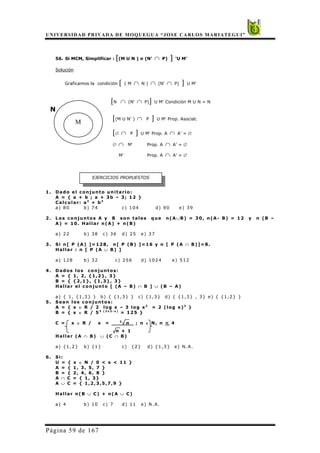 UNIVERSIDAD PRIVADA DE MOQUEGUA “JOSE CARLOS MARIATEGUI”
Página 59 de 167
EJERCICIOS PROPUESTOS
56. Si MCM, Simplificar : [(M U N ) n (N' ∩ P) ] 'U M'
Solución
Graficamos la condición [ ( M ∩ N ) ∩ (N' ∩ P) ] U M'
[N ∩ (N' ∩ P)] U M' Condición M U N = N
N
[(M U N' ) ∩ P ] U M' Prop. Asociat.
[∅ ∩ P ] U M' Prop. A ∩ A' = ∅
∅ ∩ M' Prop. A ∩ A' = ∅
M' Prop. A ∩ A' = ∅
1. Dado el conjunto unitario:
A = { a + b ; a + 3b – 3; 12 }
Calcular: a2
+ b2
a) 80 b) 74 c) 104 d) 90 e) 39
2. Los conjuntos A y B son tales que n(A∪B) = 30, n(A- B) = 12 y n (B –
A) = 10. Hallar n(A) + n(B)
a) 22 b) 38 c) 36 d) 25 e) 37
3. Si n[ P (A) ]=128, n[ P (B) ]=16 y n [ P (A ∩ B)]=8.
Hallar : n [ P (A ∪ B) ]
a) 128 b) 32 c) 256 d) 1024 e) 512
4. Dados los conjuntos:
A = { 1, 2, {1,2}, 3}
B = { {2,1}, {1,3}, 3}
Hallar el conjunto [ (A – B) ∩ B ] ∪ (B – A)
a) { 1, {1,3} } b) { {1,3} } c) {1,3} d) { {1,3} , 3} e) { {1,2} }
5. Sean los conjuntos:
A = { x ∈ R / 2 log x – 3 log x2
= 2 (log x)2
}
B = { x ∈ R / 53 ( 2 x 2 - x )
= 125 }
C = x ∈ R / x = 3
n ; n ∈ N, n < 4
n + 1
Hallar (A ∩ B) ∪ (C ∩ B)
a) {1,2} b) {1} c) {2} d) {1,3} e) N.A.
6. Si:
U = { x ∈ N / 0 < x < 11 }
A = { 1, 3, 5, 7 }
B = { 2, 4, 6, 8 }
A ∩ C = { 1, 3}
A ∪ C = { 1,2,3,5,7,9 }
Hallar n(B ∪ C) + n(A ∪ C)
a) 4 b) 10 c) 7 d) 11 e) N.A.
M
 