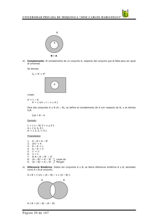 UNIVERSIDAD PRIVADA DE MOQUEGUA “JOSE CARLOS MARIATEGUI”
Página 30 de 167
B
A
B – A
d) Complemento: El complemento de un conjunto A, respecto del conjunto que le falta para ser igual
al universal.
Se denota:
CA = A’ = AC
A
Luego:
A’ = U – A
A’ = { x/x ∈ U ∧ x ∉ A }
Para dos conjuntos A y B (A ⊂ B), se define el complemento de A con respecto de B, y se denota
CBA.
CBA = B – A
Ejemplo:
U = { x ∈ N/ 2 < x < 9 }
A = { 4, 6, 8 }
A’ = { 3, 5, 7, 9 }
Propiedades:
1. A – B = A ∩ B’
2. (A’)’ = A
3. A ∪ A’ = U
4. A ∩ A’ = ∅
5. U’ = ∅
6. ∅ = U
7. Si A ⊂ B → B’ ⊂ A’
8. (A ∪ B)’ = A’ ∩ B’ Leyes de
9. (A ∩ B)’ = A’ ∪ B’ Morgan
e) Diferencia Simétrica: Dados los conjuntos A y B, se llama diferencia simétrica A y B, denotado
como A ∆ B al conjunto.
A ∆ B = { x/x ∈ (A ∪ B) ∩ x ∉ (A ∩ B) }
A B
A ∆ B = (A ∪ B) - (A ∩ B)
 