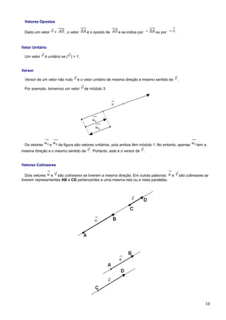 Vetores Opostos

 Dado um vetor       =      , o vetor    é o oposto de      e se indica por       ou por       .



Vetor Unitário

 Um vetor     é unitário se | | = 1.


Versor

 Versor de um vetor não nulo        é o vetor unitário de mesma direção e mesmo sentido de         .

 Por exemplo, tomemos um vetor          de módulo 3.




 Os vetores      e       da figura são vetores unitários, pois ambos têm módulo 1. No entanto, apenas        tem a
mesma direção e o mesmo sentido de         . Portanto, este é o versor de     .


Vetores Colineares

   Dois vetores e são colineares se tiverem a mesma direção. Em outras palavras:           e       são colineares se
tiverem representantes AB e CD pertencentes a uma mesma reta ou a retas paralelas.




                                                                                                                  10
 