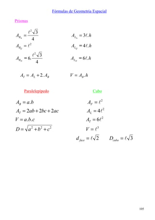 Fórmulas de Geometria Espacial

Prismas

        l2 3
AB∆   =                          AL∆ = 3l. h
           4
ABQ   = l2                       ALQ = 4l. h
           l2 3
ABH   = 6.                       ALH = 6l. h
             4

  AT = AL + 2. AB               V = AB . h


      Paralelepípedo                           Cubo

AB = a.b                                  AF = l2
AT = 2ab + 2bc + 2ac                      AL = 4l2
V = a.b. c                               AT = 6l2
D = a 2 + b2 + c2                        V = l3
                                    d face = l 2        Dcubo = l 3




                                                                      105
 