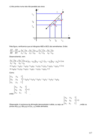 c) três pontos numa reta não-paralela aos eixos




Pela figura, verificamos que os triângulos ABD e BCE são semelhantes. Então:




Desenvolvendo, vem:




Como:




então                      .




Observação: A recíproca da afirmação demonstrada é válida, ou seja, se         , então os
pontos A(xA,yA), B(xB,yB) e C(xC, yC) estão alinhados.




                                                                                            117
 