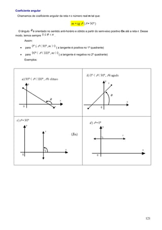 Coeficiente angular
 Chamamos de coeficiente angular da reta r o número real m tal que:




  O ângulo      é orientado no sentido anti-horário e obtido a partir do semi-eixo positivo Ox até a reta r. Desse
modo, temos sempre                .
       Assim:

   •   para                           ( a tangente é positiva no 1º quadrante)

   •   para                             ( a tangente é negativa no 2º quadrante)
       Exemplos:




                                                                                                               121
 