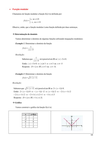 •   Função modular

    Chamamos de função modular a função f(x)=|x| definida por:

                             x, se x ≥ 0
                   f ( x) = 
                            − x, se x < 0

    Observe, então, que a função modular é uma função definida por duas sentenças.


      Determinação do domínio

       Vamos determinar o domínio de algumas funções utilizando inequações modulares:

       Exemplo 1: Determinar o domínio da função
                                1
                 f ( x) =
                            | x | −3

       Resolução:
                                    1
                 Sabemos que              só é possível em IR se | x | −3 ≠ 0.
                                 | x | −3
                 Então : | x | −3 ≠ 0 ⇒ | x |≠ 3 ⇒ x ≠ 3 ou x ≠ −3
                 Resposta : D = {x ∈ IR | x ≠ 3 ou x ≠ −3}


       Exemplo 2: Determinar o domínio da função
                 f ( x ) = 2− | x − 1 |

    Resolução:

     Sabemos que         2− | x − 1 | só é possível em IR se 2− | x − 1 |≥ 0.
     Então : 2− | x − 1 |≥ 0 ⇒ − | x − 1 |≥ −2 ⇒ | x − 1 |≤ 2 ⇒ − 2 ≤ x − 1 ≤ 2
     − 2 ≤ x −1 ≤ 2 ⇒ − 2 +1 ≤ x ≤ 2 +1 ⇒ −1 ≤ x ≤ 3
     Resposta : D = {x ∈ IR | −1 ≤ x ≤ 3}

      Gráfico

       Vamos construir o gráfico da função f(x)=|x|:


                     x         y=f(x)
                    -1           1
                    -2           2
                     0           0
                     1           1
                     2           2



                                                                                        64
 