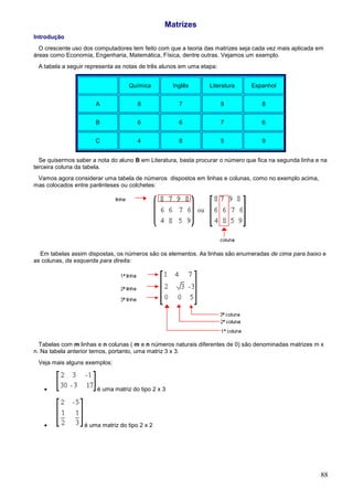 Matrizes
Introdução
  O crescente uso dos computadores tem feito com que a teoria das matrizes seja cada vez mais aplicada em
áreas como Economia, Engenharia, Matemática, Física, dentre outras. Vejamos um exemplo.
 A tabela a seguir representa as notas de três alunos em uma etapa:


                                   Química          Inglês      Literatura      Espanhol


                      A               8               7               9             8


                      B               6               6               7             6


                      C               4               8               5             9


  Se quisermos saber a nota do aluno B em Literatura, basta procurar o número que fica na segunda linha e na
terceira coluna da tabela.
 Vamos agora considerar uma tabela de números dispostos em linhas e colunas, como no exemplo acima,
mas colocados entre parênteses ou colchetes:




  Em tabelas assim dispostas, os números são os elementos. As linhas são enumeradas de cima para baixo e
as colunas, da esquerda para direita:




  Tabelas com m linhas e n colunas ( m e n números naturais diferentes de 0) são denominadas matrizes m x
n. Na tabela anterior temos, portanto, uma matriz 3 x 3.
 Veja mais alguns exemplos:



   •                   é uma matriz do tipo 2 x 3




   •              é uma matriz do tipo 2 x 2




                                                                                                         88
 