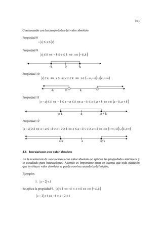 103

Continuando con las propiedades del valor absoluto

Propiedad 8
              − x ≤x≤ x

Propiedad 9
               x ≤ k ⇔ − k ≤ x ≤ k ⇔ x ∈ [− k , k ]


                      -k           0         k

Propiedad 10
                x ≥ k ⇔ x ≤ −k ∨ x ≥ k ⇔ x ∈ (− ∞, − k ] ∪ [k , + ∞ )


                       -k          0          k

Propiedad 11
               x − a ≤ k ⇔ − k ≤ x − a ≤ k ⇔ a − k ≤ x ≤ a + k ⇔ x ∈ [a − k , a + k ]


                             a-k              a               a+k

Propiedad 12

x − a ≥ k ⇔ x − a ≤ − k ∨ x − a ≥ k ⇔ x ≤ a − k ∨ x ≥ a + k ⇔ x ∈ (− ∞,− k ] ∪ [k ,+∞ )


                             a-k                 a            a+k


4.6 Inecuaciones con valor absoluto

En la resolución de inecuaciones con valor absoluto se aplican las propiedades anteriores y
lo estudiado para inecuaciones. Además es importante tener en cuenta que toda ecuación
que involucre valor absoluto se puede resolver usando la definición.

Ejemplos

           1. x − 2 < 1

Se aplica la propiedad 9. x < k ⇔ −k < x < k ⇔ x ∈ (− k , k )

            x − 2 < 1 ⇔ −1 < x − 2 < 1
 
