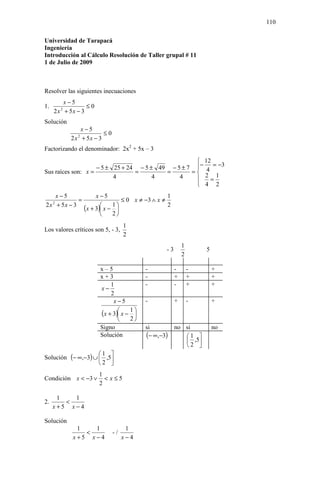 110

Universidad de Tarapacá
Ingeniería
Introducción al Cálculo Resolución de Taller grupal # 11
1 de Julio de 2009



Resolver las siguientes inecuaciones
         x−5
1.                ≤0
     2 x + 5x − 3
         2


Solución
                 x−5
                          ≤0
             2 x + 5x − 3
               2


Factorizando el denominador: 2x2 + 5x – 3
                                                    12
                    − 5 ± 25 + 24 − 5 ± 49 − 5 ± 7 − 4 = −3
Sus raíces son: x =              =        =       =
                          4            4      4       2 1
                                                      =
                                                    4 2
    x−5                 x−5                          1
             =                      ≤ 0 x ≠ −3 ∧ x ≠
2 x + 5x − 3
                   (x + 3) x − 1 
     2
                                                     2
                                 
                               2
                                    1
Los valores críticos son 5, - 3,
                                    2
                                                             1
                                                    -3               5
                                                             2

                         x–5                -            -       -       +
                         x+3                -            +       +       +
                             1              -            -       +       +
                         x−
                             2
                              x−5           -            +       -       +

                         (x + 3) x − 1 
                                       
                                     2
                         Signo              si           no si           no
                         Solución           (− ∞,−3)        1 
                                                             ,5
                                                            2 
                    1 
Solución (− ∞,−3) ∪  ,5
                    2 
                         1
Condición x < −3 ∨         < x≤5
                         2

      1   1
2.      <
     x+5 x−4

Solución
              1   1                  1
                <              -/
             x+5 x−4                x−4
 