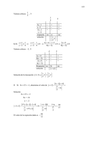 115


                    1
Valores críticos      , 5
                    5
                                                             1
                                                                           5
                                                             5

                                     5x - 1         -            +             +
                                     x-5            -            -             +
                                      5x − 1        +            -             +
                                      x−5
                                     respuestasi    no  no
                                     solución  1 
                                                5 ,5 
                                                     
        x +1 1           x +1 1     4x + 4 − x + 5          3x + 9
b) Si       ≤ ⇒              − ≤0 ⇒                   ≤0⇒             ≤0
        x−5 4            x−5 4         4( x − 5)           4( x − 5 )
Valores críticos - 3, 5
                                                        -3             5

                                     3x + 9       -          +             +
                                     4(x – 5)     -          -             +
                                       3x + 9     +          -             +
                                      4( x − 5)
                                     Respuesta    no         Si            no
                                     solución                [− 3,5)
                                    1  1 
Solución de la inecuación [-3, 5) ∪  ,5  =  ,5 
                                    5  5 


                                                                     3x − 1 x + 8
II Si 8 x + 15 = −1 , determine el valor de x + 2 −                                 =
                                                                       1
                                                                         − 4x
                                                                       2
Solución
           8 x + 15 = −1
              8x = -16
               x=-2
            3 * ( − 2) − 1 − 2 + 8          − 6 −1 6             7*6    84
−2+2 −                               = 0−               =−           =−
                1                            1                    17    17
                  − 4 * (−2)                   +8
                2                            2                     2

                                            84
El valor de la expresión dada es −
                                            12
 