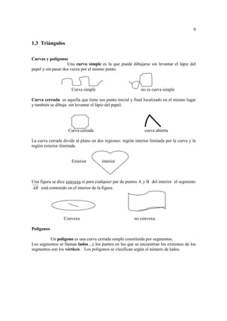 9


1.3 Triángulos

Curvas y polígonos
                    Una curva simple es la que puede dibujarse sin levantar el lápiz del
papel y sin pasar dos veces por el mismo punto.



                      Curva simple                           no es curva simple

Curva cerrada es aquella que tiene sus punto inicial y final localizado en el mismo lugar
y también se dibuja sin levantar el lápiz del papel.




                    Curva cerrada                              curva abierta

La curva cerrada divide al plano en dos regiones: región interior limitada por la curva y la
región exterior ilimitada.


                      Exterior         interior



Una figura se dice convexa si para cualquier par de puntos A y B del interior el segmento
AB está contenido en el interior de la figura.




                  Convexa                                no convexa.

Polígonos

         Un polígono es una curva cerrada simple constituida por segmentos.
Los segmentos se llaman lados , y los puntos en los que se encuentran los extremos de los
segmentos son los vértices . Los polígonos se clasifican según el número de lados.
 