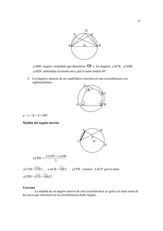 27

                                                   D
                                       C               E


                                   A           O             B




       ∡ABO ángulo extendido que determina AB y los ángulos ∡ACB, ∡ADB,
       ∡AEB subtienden el mismo arco, por lo tanto miden 90º.

   5. Los ángulos opuesto de un cuadrilátero inscritos en una circunferencia son
      suplementarios.
                                             D
                                                δ
                                                           γ C


                                           A   α              β B


α + γ = β + δ =180º

Medida del ángulo interior

                                               A              B

                                                       P
                                           C           ·O
                                                                  D


                 ∠COD + ∠AOB
       ∡CPD =
                      2

∡CAD = CD/2 , ∡ACB = AB/2 , ∡CPD exterior                   ACP por lo tanto

∡CPD = (CD + AB)/2


Teorema
          La medida de un ángulo interior de una circunferencia es igual a la semi suma de
los arcos que intersecta en la circunferencia dicho ángulo.
 