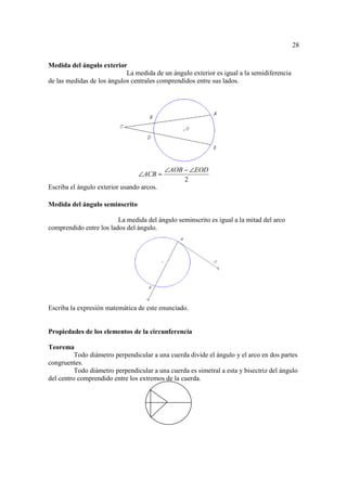 28

Medida del ángulo exterior
                            La medida de un ángulo exterior es igual a la semidiferencia
de las medidas de los ángulos centrales comprendidos entre sus lados.




                                           ∠AOB − ∠EOD
                                 ∠ACB =
                                                2
Escriba el ángulo exterior usando arcos.

Medida del ángulo seminscrito

                         La medida del ángulo seminscrito es igual a la mitad del arco
comprendido entre los lados del ángulo.




Escriba la expresión matemática de este enunciado.


Propiedades de los elementos de la circunferencia

Teorema
          Todo diámetro perpendicular a una cuerda divide el ángulo y el arco en dos partes
congruentes.
          Todo diámetro perpendicular a una cuerda es simetral a esta y bisectriz del ángulo
del centro comprendido entre los extremos de la cuerda.
 