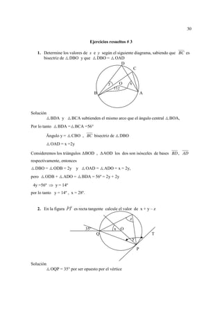 30

                                    Ejercicios resueltos # 3

   1. Determine los valores de x e y según el siguiente diagrama, sabiendo que BC es
      bisectriz de DBO y que DBO = OAD
                                                D
                                                       C


                                              y       O     x
                                                  112
                                        B                               A



Solución
           BDA y        BCA subtienden el mismo arco que el ángulo central      BOA,
Por lo tanto    BDA =    BCA =56°

         Ángulo y =     CBO , BC bisectriz de         DBO
           OAD = x =2y

Consideremos los triángulos       BOD ,     AOD los dos son isósceles de bases BD , AD
respectivamente, entonces
  DBO =        ODB = 2y y         OAD =     ADO = x = 2y,
pero    ODB +     ADO =       BDA = 56º = 2y + 2y
 4y =56º ⇒ y = 14º
por lo tanto y = 14º , x = 28º.

                   sr
   2. En la figura PT es recta tangente calcule el valor de x + y – z

                                                            z

                                  35º             x     O
                                        Q                                   T
                                                                y

                                                                    P


Solución
           OQP = 35° por ser opuesto por el vértice
 