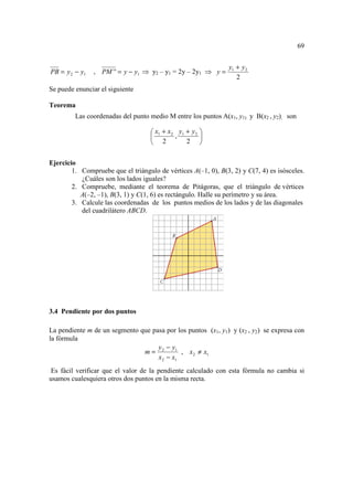 69


                                                                y1 + y 2
PB = y 2 − y1   , PM ' ' = y − y1 ⇒ y2 – y1 = 2y – 2y1 ⇒ y =
                                                                   2
Se puede enunciar el siguiente

Teorema
         Las coordenadas del punto medio M entre los puntos A(x1, y1) y B(x2 , y2), son

                                     x1 + x 2 y1 + y 2 
                                             ,         
                                     2           2 


Ejercicio
        1. Compruebe que el triángulo de vértices A(–1, 0), B(3, 2) y C(7, 4) es isósceles.
           ¿Cuáles son los lados iguales?
        2. Compruebe, mediante el teorema de Pitágoras, que el triángulo de vértices
           A(–2, –1), B(3, 1) y C(1, 6) es rectángulo. Halle su perímetro y su área.
        3. Calcule las coordenadas de los puntos medios de los lados y de las diagonales
           del cuadrilátero ABCD.




3.4 Pendiente por dos puntos

La pendiente m de un segmento que pasa por los puntos (x1, y1) y (x2 , y2) se expresa con
la fórmula
                                    y − y1
                               m= 2          , x 2 ≠ x1
                                    x 2 − x1
Es fácil verificar que el valor de la pendiente calculado con esta fórmula no cambia si
usamos cualesquiera otros dos puntos en la misma recta.
 