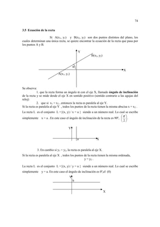 74

3.5 Ecuación de la recta

                    Si A(x1, y1) y B(x2, y2) son dos puntos distintos del plano, los
cuales determinan una única recta, se quiere encontrar la ecuación de la recta que pasa por
los puntos A y B.

                                               Y
                                                         B(x2, y2)


                                           α
                                                                                    X
                             A(x1, y1)



Se observa:
             1. que la recta forma un ángulo α con el eje X, llamado ángulo de inclinación
de la recta y se mide desde el eje X en sentido positivo (sentido contrario a las agujas del
reloj)
             2. que si x1 = x2 , entonces la recta es paralela al eje Y.
Si la recta es paralela al eje Y , todos los puntos de la recta tienen la misma abscisa x = x2 .
La recta L es el conjunto L ={(x, y) / x = a } siendo a un número real. Lo cual se escribe
                                                                              π 
simplemente x = a . En este caso el ángulo de inclinación de la recta es 90º,   .
                                                                              2

                                      Y


                                               a              X


            3. En cambio si y1 = y2, la recta es paralela al eje X.
Si la recta es paralela al eje X , todos los puntos de la recta tienen la misma ordenada,
                                                    y = y2 .

La recta L es el conjunto L ={(x, y) / y = a } siendo a un número real. Lo cual se escribe
simplemente    y = a. En este caso el ángulo de inclinación es 0º,el (0)
                                       Y
                                           b


                                                                      X
 