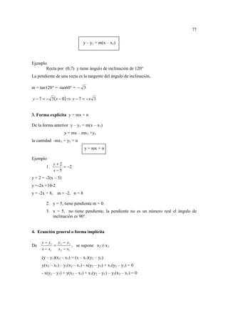 77

                                y – y1 = m(x – x1)



Ejemplo
       Recta por (0,7) y tiene ángulo de inclinación de 120°
La pendiente de una recta es la tangente del ángulo de inclinación,

m = tan120° = -tan60° = − 3

y − 7 = − 3 (x − 0) ⇒ y − 7 = − x 3


3. Forma explícita y = mx + n

De la forma anterior y – y1 = m(x – x1)
                    y = mx – mx1 +y1
la cantidad -mx1 + y1 = n
                                y = mx + n

Ejemplo
               y+2
        1.         = −2
               x−5
y + 2 = -2(x – 5)
y =-2x +10-2
y = -2x + 8,    m = -2, n = 8

        2. y = 5, tiene pendiente m = 0.
        3. x = 5, no tiene pendiente, la pendiente no es un número real el ángulo de
           inclinación es 90°.


4. Ecuación general o forma implícita

     y − y1 y 2 − y1
De         =         , se supone x2 ≠ x1
     x − x1 x 2 − x1
     (y – y1)(x2 – x1) = (x – x1)(y2 – y1)
     y(x2 – x1) – y1(x2 – x1) - x(y2 – y1) + x1(y2 – y1) = 0
     - x(y2 – y1) + y(x2 – x1) + x1(y2 – y1) – y1(x2 – x1) = 0
 