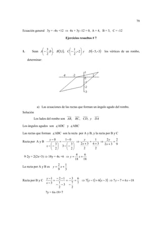 79


Ecuación general 3y = -4x +12 ⇒ 4x + 3y -12 = 0, A = 4, B = 3, C = -12

                                  Ejercicios resueltos # 7


               3                 1     
1.      Sean A − ,0 , B(3,1), C  − ,−2  y       D(− 5,−3)   los vértices de un rombo,
               2                 2     
     determinar:




            a) Las ecuaciones de las rectas que forman un ángulo agudo del rombo.
Solución
         Los lados del rombo son AB, BC , CD, y         DA

Los ángulos agudos son ∡ADC y ∡ABC

Las rectas que forman ∡ABC son la recta por A y B, y la recta por B y C
                      y−0     1− 0       y      1      2y     2
Recta por A y B             =        ⇒       =      ⇒       =
                        3      3   2x + 3 6 + 3   2x + 3 9
                   x − −  3 − − 
                        2      2     2      2

                                          4     6
 9·2y = 2(2x+3) ⇒ 18y = 4x +6 ⇒ y =         x+
                                         18    18
                             2    1
La recta por A y B es   y=     x+
                             9    3

                   y −1 − 2 −1 − 3 6
Recta por B y C        =      =    = ⇒ 7( y − 1) = 6( x − 3) ⇒ 7 y − 7 = 6 x − 18
                   x−3    1      7 7
                         − −3 −
                          2      2
                   7y = 6x-18+7
 