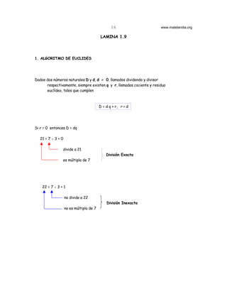 16                   www.matelandia.org

                                           LAMINA 1.9




1. ALGORITMO DE EUCLIDES




Dados dos números naturales D y d, d ≠ 0, llamados dividendo y divisor
      respectivamente, siempre existen q y r, llamados cociente y residuo
      euclídeo, tales que cumplen



                                          D = d q + r, r < d




Si r = 0 entonces D = dq

   21 = 7 H 3 + 0

                divide a 21
                                              División Exacta
                es múltiplo de 7




    22 = 7 H 3 + 1

                    no divide a 22
                                              División Inexacta
                    no es múltiplo de 7
 