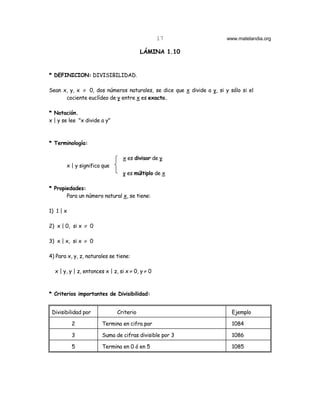 17                   www.matelandia.org

                                          LÁMINA 1.10


* DEFINICION: DIVISIBILIDAD.

Sean x, y, x ≠ 0, dos números naturales, se dice que x divide a y, si y sólo si el
      cociente euclídeo de y entre x es exacto.

* Notación.
x | y se lee "x divide a y"



* Terminología:

                                 x es divisor de y
       x | y significa que
                                 y es múltiplo de x

* Propiedades:
       Para un número natural x, se tiene:

1) 1 | x

2) x | 0, si x ≠ 0

3) x | x, si x ≠ 0

4) Para x, y, z, naturales se tiene:

  x | y, y | z, entonces x | z, si x ≠ 0, y ≠ 0



* Criterios importantes de Divisibilidad:


 Divisibilidad por             Criterio                                  Ejemplo

           2           Termina en cifra par                              1084

           3           Suma de cifras divisible por 3                    1086

           5           Termina en 0 ó en 5                               1085
 