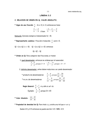 68                          www.matelandia.org

                                   LÁMINA 3.2

2. RELACION DE ORDEN EN Q. VALOR ABSOLUTO.


* Signo de una fracción: a . Si a > 0, b > 0, entonces se tiene:
                         b
                          a - a            - a    a     a
                           =                   =     =-
                          b - b     ó bien b     - b    b

Notación: Conviene siempre el denominador b > 0.


* Representante canónico: Fracción irreducible a con b > 0.
                                               b

Q+ = {x ε Q | x ≥ 0}    Q- = {x ε Q | x < 0} entonces

                         Q = Q+ c Q-

* Orden en Q: Para comparar dos fracciones, si tienen:

       1. igual denominador, entonces se ordenan por el numerador.
                       3 8                  - 4 - 9
                        < , porque 3 < 8       >    , porque - 4 > - 9
                       5 5                   7   7

      2. distinto denominador, antes deben reducirse a un común denominador

                                            3 4           21 20
          * producto de denominadores:         > , porque >
                                            5 7           35 35
                                             5    9          25 27
          * m.c.m. de denominadores:            <   , porque   <
                                            12 20            60 60

                           a c
           Regla General:    <  si y sólo si ad < bc
                           b d
                            3 4
                  Ejemplo:    > porque 21 > 20
                            5 7

                       a   a
* Valor Absoluto:        =
                       b   b

* Propiedad de densidad de Q: Para todo x, y, existe un z tal que x < z < y

       Dados 1/2 y 2/3 entonces se puede escribir 1/2 < 5/8 < 2/3
 