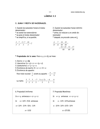 69                             www.matelandia.org

                                       LÁMINA 3.3


3. SUMA Y RESTA DE RACIONALES.

1. Cuando los sumandos tienen el mismo            2. Cuando los sumandos tienen distinto
denominador:                                      denominador:
* se suman los numeradores                        * antes, se reducen a un común de-
* se pone el mismo denominador                    nominador
* se simplifica, si es posible.                   * después, se procede como en 1.

3 7 3 + 7 10                                       4  7 16 35
 + =     = =2                                        + = + =
5 5   5    5                                      15 12 60 60
                                                         16 + 35 51 17
                                                       =        = =
                                                           60    60 20


* Propiedades de la suma: Para x, y, z ε Q, se tiene:

1. Cierre: x + y ε Q.
2. Asociativa: (x + y) + z = x + (y + z)
3. Conmutativa: x + y = y + x
4. Existencia de neutro: 0 + x = x + 0 = x
5. Existencia de opuesto:
                                         a −a
 Para todo racional a existe su opuesto − =
                    b                    b  b

              3 7 3 − 7 3 + (−7) − 4    4
 La resta:     − = +   =        =    =−
              5 5 5 5       5     5     5




6. Propiedad Uniforme:                            7. Propiedad Monótona:

Si x = y entonces x + z = y + z                   Si    x < y entonces x + z < y + z

Si    x + 3/4 = 5/6 entonces                      Si     x - 3/4 > 3/5 entonces

x + 3/4 - 3/4 = 5/6 - 3/4                         x - 3/4 + 3/4 > 3/5 + 3/4

             x = 1/12                                          x > 27/20.
 