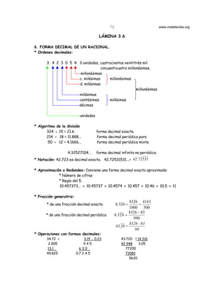 72                              www.matelandia.org

                                       LÁMINA 3.6

6. FORMA DECIMAL DE UN RACIONAL.
* Ordenes decimales:

       3. 4 2 3 0 5 4: 3 unidades, cuatrocientos veintitrés mil
                                    cincuenticuatro millonésimas.
                        millonésimas
                       c. milésimas      millonésimas
                       d. milésimas
                                                         millonésimas
                       milésimas
                       centésimas        milésimas
                       décimas

                           unidades

* Algoritmo de la división
       324 ÷ 15 = 21.6                forma decimal exacta.
       214 ÷ 18 = 11.888...           forma decimal periódica pura
       50 ÷ 12 = 4.1666...            forma decimal periódica mixta

                   4.32527104...      forma decimal infinita no periódica.
* Notación: 42.723 es decimal exacta. 42.72531531...= 42.72531

* Aproximación o Redondeo: Conviene una forma decimal exacta aproximada:
             * Número de cifras
             * Regla del 5.
             10.457373... ≈ 10.45737 ≈ 10.4574 ≈ 10.457 ≈ 10.46 ≈ 10.5 ≈ 11

* Fracción generatriz:
                                                          8326 4163
       * de una fracción decimal exacta           8.326 =       =
                                                          1000 500
                                                          8326 − 83
      * de una fracción decimal periódica       8.3 2 6 =
                                                            990
                                                          8326 - 83
                                                 83.26 =
                                                             99
* Operaciones con formas decimales:
       34.72 +                3.15 H 0.23            43.720 | 14.316
        2.005                 945                    42 948    3.05
       13.1                630                         77200
       49.825            0.7 2 4 5                     71580
                                                         5620
 