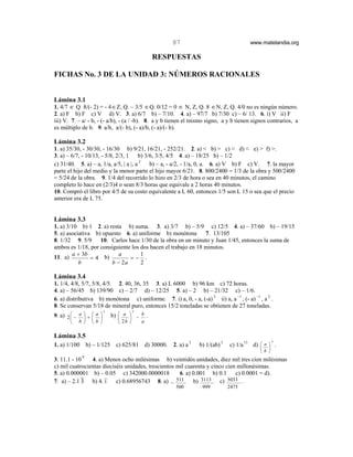 87                                www.matelandia.org

                                                 RESPUESTAS

FICHAS No. 3 DE LA UNIDAD 3: NÚMEROS RACIONALES


Lámina 3.1
1. 4/7 ∈ Q. 8/(- 2) = - 4 ∈ Z, Q. – 3/5 ∈ Q. 0/12 = 0 ∈ N, Z, Q. 8 ∈ N, Z, Q. 4/0 no es ningún número.
2. a) F b) F c) V d) V. 3. a) 6/7 b) – 7/10. 4. a) – 97/7 b) 7/30 c) – 6/ 13. 6. i) V ii) F
iii) V. 7. – a/ - b, - (- a/b), - (a / -b). 8. a y b tienen el mismo signo, a y b tienen signos contrarios, a
es múltiplo de b. 9. a/b, a/(- b), (- a)/b, (- a)/(- b).

Lámina 3.2
1. a) 35/30, - 30/30, - 16/30 b) 9/21, 16/21, - 252/21. 2. a) < b) > c) < d) < e) > f) >.
3. a) – 6/7, - 10/13, - 5/8, 2/3, 1    b) 3/6, 3/5, 4/5 4. a) – 18/25 b) – 1/2
c) 31/40. 5. a) – a, 1/a, a/5, | a |, a 2 b) – a, - a/2, - 1/a, 0, a. 6. a) V b) F c) V. 7. la mayor
parte el hijo del medio y la menor parte el hijo mayor 6/21. 8. 800/2400 = 1/3 de la obra y 500/2400
= 5/24 de la obra. 9. 1/4 del recorrido lo hizo en 2/3 de hora o sea en 40 minutos, el camino
completo lo hace en (2/3)4 o sean 8/3 horas que equivale a 2 horas 40 minutos.
10. Compró el libro por 4/5 de su costo equivalente a L 60, entonces 1/5 son L 15 o sea que el precio
anterior era de L 75.


Lámina 3.3
1. a) 3/10 b) 1 2. a) resta b) suma. 3. a) 3/7 b) – 5/9 c) 12/5 4. a) – 37/60 b) – 19/15
5. a) asociativa b) opuesto 6. a) uniforme b) monótona         7. 13/105
8. 1/32 9. 5/9     10. Carlos hace 1/30 de la obra en un minuto y Juan 1/45, entonces la suma de
ambos es 1/18, por consiguiente los dos hacen el trabajo en 18 minutos.
        a + 3b             a        1
11. a)          = 4 b)         =− .
           b            b − 2a      2

Lámina 3.4
1. 1/4, 4/8, 5/7, 5/8, 4/5. 2. 40, 36, 35 3. a) L 6000 b) 96 km c) 72 horas.
4. a) – 56/45 b) 139/90 c) – 2/7 d) – 12/25 5. a) – 2 b) – 21/32 c) – 1/6.
6. a) distributiva b) monótona c) uniforme. 7. i) a, 0, - a, (-a) 2 ii) a, a −1 , (- a) −1 , a 2 .
8. Se conservan 5/18 de mineral puro, entonces 15/2 toneladas se obtienen de 27 toneladas.
                          2              2
9. a) 2  − a  +  a 
                          b)  a  − b .
                                    
          b       b          2b        a

Lámina 3.5
                                                                                                 4
1. a) 1/100       b) – 1/125 c) 625/81 d) 30000.     2. a) a 3   b) 1/(ab) 3   c) 1/a 13 d)  a  .
                                                                                             
                                                                                            b 
              9
3. 11.1 - 10    4. a) Menos ocho milésimas b) veintidós unidades, diez mil tres cien milésimas
c) mil cuatrocientas dieciséis unidades, trescientos mil cuarenta y cinco cien millonésimas.
5. a) 0.000001 b) – 0.05 c) 342000.0000018            6. a) 0.001 b) 0.1      c) 0.0001 = d).
7. a) – 2.1 3 b) 4. 1      c) 0.68956743 8. a) − 511        b) 3113 c) 5033 .
                                                      500         999          2475
 