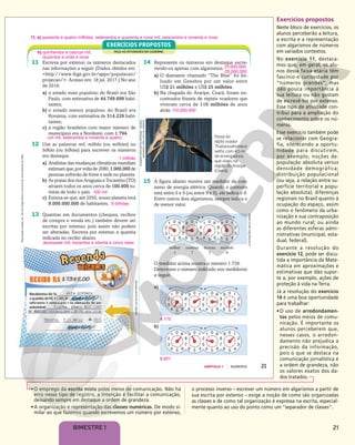 21
BIMESTRE 1
Exercícios propostos
Neste bloco de exercícios, os
alunos perceberão a leitura,
a escrita e a representação
com algarismos de números
em variados contextos.
No exercício 11, destaca-
mos que, em geral, os alu-
nos dessa faixa etária têm
fascínio e curiosidade por
“números grandes”, mas
dão pouca importância à
sua leitura ou não gostam
de escrevê-los por extenso.
Esse tipo de atividade con-
tribui para a ampliação do
conhecimento sobre os nú-
meros.
Esse exercício também pode
se relacionar com Geogra-
fia, oferecendo a oportu-
nidade para discutirem,
por exemplo, noções de:
população absoluta versus
densidade demográfica;
distribuição populacional
(ou seja, a relação entre su-
perfície territorial e popu-
lação absoluta); diferenças
regionais no Brasil quanto à
ocupação do espaço, assim
como o fenômeno da urba-
nização e sua contraposição
ao mundo rural; ou ainda
as diferentes esferas admi-
nistrativas (municipal, esta-
dual, federal).
Durante a resolução do
exercício 12, pode ser discu-
tida a importância da Mate-
mática em aproximações e
estimativas que dão supor-
te a, por exemplo, ações de
proteção à vida na Terra.
Já a resolução do exercício
14 é uma boa oportunidade
para trabalhar:
•O uso de arredondamen-
tos pelos meios de comu-
nicação. É importante os
alunos perceberem que,
nesses casos, o arredon-
damento não prejudica a
precisão da informação,
pois o que se destaca na
comunicação jornalística é
a ordem de grandeza, não
os valores exatos dos da-
dos tratados.
•O emprego da escrita mista pelos meios de comunicação. Não há
erro nesse tipo de registro, a intenção é facilitar a comunicação,
deixando sempre em destaque a ordem de grandeza.
•A organização e representação das classes numéricas. De modo si-
milar ao que fazemos quando escrevemos um número por extenso,
o processo inverso – escrever um número em algarismos a partir de
sua escrita por extenso – exige a noção de como são organizadas
as classes e de como tal organização é expressa na escrita, especial-
mente quanto ao uso do ponto como um “separador de classes”.
Reprodução
proibida.
Art.
184
do
Código
Penal
e
Lei
9.610
de
19
de
fevereiro
de
1998.
21
CAPÍTULO 1 NÚMEROS
FAÇA AS ATIVIDADES NO CADERNO
EXERCÍCIOS PROPOSTOS
12 Use as palavras mil, milhão (ou milhões) ou
bilhão (ou bilhões) para escrever os números
em destaque.
a) Analistas das mudanças climáticas mundiais
estimamque,porvoltade2080,1.000.000de
pessoas sofrerão de fome e sede no planeta.
b) As praias dos rios Araguaia e Tocantins (TO)
atraem todos os anos cerca de 100.000 tu-
ristas de todo o país. 100 mil
c) Estima-se que, até 2050, nosso planeta terá
9.000.000.000 de habitantes. 9 bilhões
1 milhão
13 Quantias em documentos (cheques, recibos
de compra e venda etc.) também devem ser
escritas por extenso, pois assim não podem
ser alteradas. Escreva por extenso a quantia
indicada no recibo abaixo.
ANDRÉ
LUIZ
DA
SILVA
PEREIRA
11. a) quarenta e quatro milhões, setecentos e quarenta e nove mil, seiscentos e noventa e nove
11 Escreva por extenso os números destacados
nas informações a seguir. (Dados obtidos em:
<http://www.ibge.gov.br/apps/populacao/
projecao/>. Acesso em: 18 jul. 2017.) No ano
de 2016:
a) o estado mais populoso do Brasil era São
Paulo, com estimativa de 44.749.699 habi-
tantes;
b) o estado menos populoso do Brasil era
Roraima, com estimativa de 514.229 habi-
tantes;
c) a região brasileira com maior número de
municípios era a Nordeste, com 1.794.
um mil, setecentos e noventa e quatro
b) quinhentos e catorze mil,
duzentos e vinte e nove
dezessete mil, trezentos e oitenta e cinco reais
14 Represente os números em destaque escre-
vendo-os apenas com algarismos.
a) O diamante chamado “The Blue” foi lei-
loado em Genebra por um valor entre
US$ 21 milhões e US$ 25 milhões.
b) Na chapada do Araripe, Ceará, foram en-
contrados fósseis de répteis voadores que
viveram cerca de 110 milhões de anos
atrás.
21.000.000;
25.000.000
15 A figura abaixo mostra um medidor de con-
sumo de energia elétrica. Quando o ponteiro
está entre 0 e 9 (ou entre 9 e 0), ele indica o 9.
Entre outros dois algarismos, sempre indica o
de menor valor.
O medidor acima mostra o número 1.739.
Determine o número indicado nos medidores
a seguir.
milhar
1
centena
7
dezena
3
unidade
9
0 9
8
7
6
5
4
3
2
1 0 1
2
3
4
5
6
9 0 9
8
7
6
5
4
1 0 1
2
3
4
5
6
9
ILUSTRAÇÕES:
PAULO
MANZI
0 9
8
7
6
5
4
3
2
1 0 1
2
3
4
5
6
9 0 9
8
7
6
5
4
1 0 1
2
3
4
5
6
9
a)
0 9
8
7
6
5
4
3
2
1 0 1
2
3
4
5
6
9 0 9
8
7
6
5
4
1 0 1
2
3
4
5
6
9
b)
4.175
8.921
ZULMAIR
ROCHA/FOLHAPRESS
–
MUSEU
NACIONAL/UFRJ,
RIO
DE
JANEIRO
Fóssil do
réptil voador
Thalassodromeus
sethi, com 4,5 m
de envergadura,
que viveu na
região do Araripe
(Ceará).
110.000.000
 