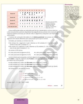 17
BIMESTRE 1
Orientações
Retome com os alunos a
noção de “ordem” que eles
devem ter de seus estudos
nos anos iniciais do Ensino
Fundamental. Proponha no-
vos números para que eles
possam identificar a ordem
de cada algarismo que os
compõe e determinar o valor
posicional desses algarismos.
Reprodução
proibida.
Art.
184
do
Código
Penal
e
Lei
9.610
de
19
de
fevereiro
de
1998.
17
CAPÍTULO 1 NÚMEROS
Essas modificações podem ser explicadas pelo fato de, naquela época, os livros serem es-
critos manualmente e, portanto, dependerem da caligrafia de seus autores. Com a invenção da
imprensa moderna na Europa, por volta de 1450, os algarismos começaram a ser finalmente
padronizados.
O sistema de numeração indo-arábico é um sistema posicional. Isso porque um mesmo
algarismo tem valores diferentes para cada posição que ocupa no número.
Considere, por exemplo, os números 52 e 25.
ƒ No número 52, o algarismo 5 vale 5 dezenas ou 50 unidades (5 # 10), enquanto no
número 25 ele vale 5 unidades (5 # 1).
ƒ No número 25, o algarismo 2 vale 2 dezenas ou 20 unidades (2 # 10), enquanto no nú-
mero 52 ele vale 2 unidades (2 # 1).
No número 2.378, temos:
ƒ o valor posicional do algarismo 8 é 8;
ƒ o valor posicional do algarismo 7 é 70;
ƒ o valor posicional do algarismo 3 é 300;
ƒ o valor posicional do algarismo 2 é 2.000.
Lendo da direita para a esquerda, o primeiro algarismo de um número é chamado algarismo
de 1a
ordem; o segundo, algarismo de 2a
ordem; o terceiro, algarismo de 3a
ordem; e assim
por diante. Isso ocorre porque:
ƒ cada unidade de 2a
ordem vale dez vezes uma unidade de 1a
ordem;
ƒ cada unidade de 3a
ordem vale dez vezes uma unidade de 2a
ordem;
ƒ cada unidade de 4a
ordem vale dez vezes uma unidade de 3a
ordem; e assim por diante.
No número 4.527, por exemplo, temos:
Elaborado a partir de: IFRAH,
Georges. Os números: a
história de uma grande
invenção. Trad. Sylvia
Taborda. 10. ed. São Paulo:
Globo, 2001. p. 310.
1 2 3 4 5 6 7 8 9 0
Século XII
Século XIII
Século XIV
Século XV
Por volta de 1524
ILUSTRAÇÃO:
ADILSON
SECCO
ou seja: 4.527 5 7 1 20 1 500 1 4.000
algarismo de 1a
ordem p 7
algarismo de 2a
ordem p 2 # 10  20
algarismo de 3a
ordem p 5 # 10 # 10  500
algarismo de 4a
ordem p 4 # 10 # 10 # 10  4.000
4.527
 